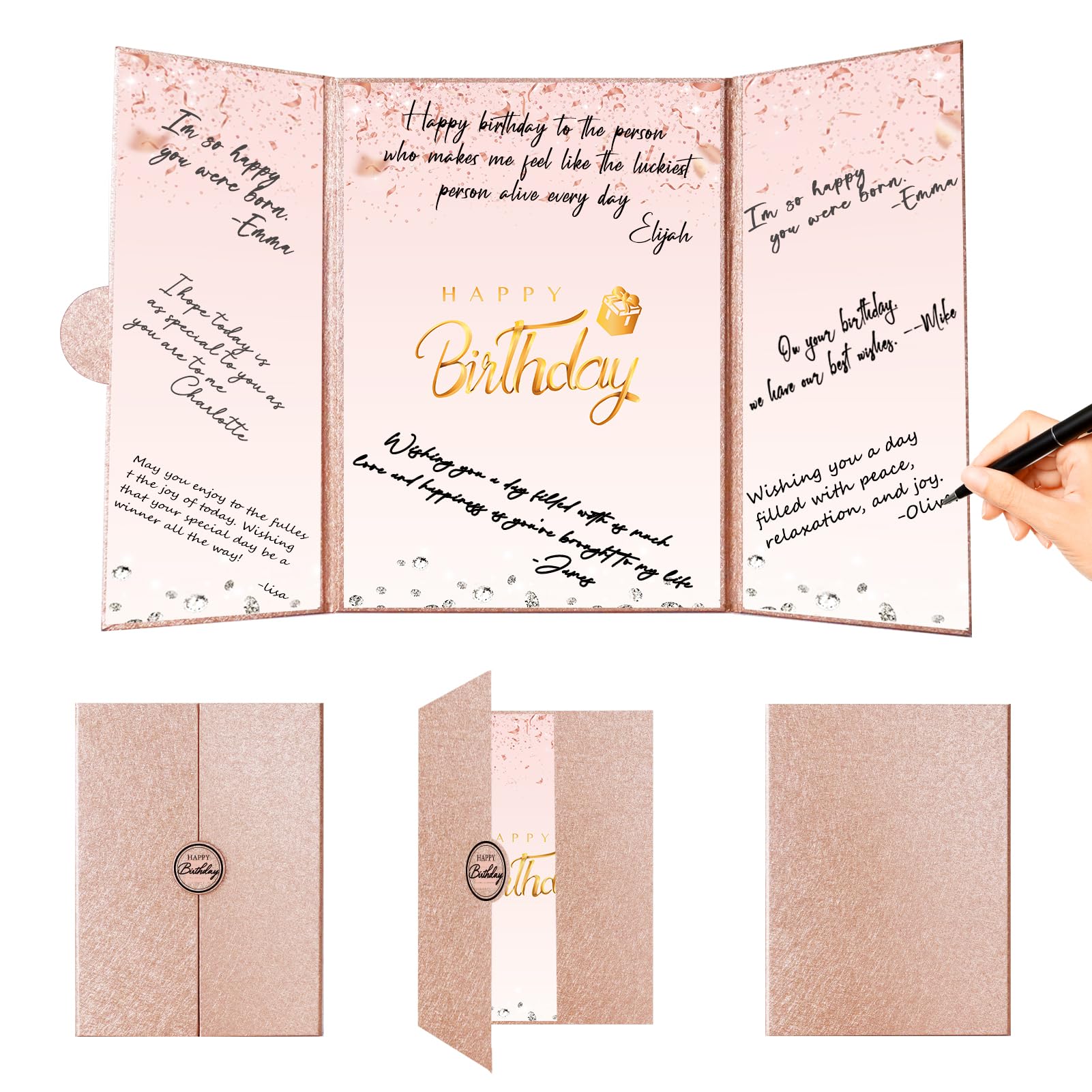 Crenics Rose Gold Happy Birthday Decorations, Creative Birthday Guest Sign in Book Alternative, Birthday Signature Book 18" x 12", Great Birthday Gifts for Women or Girls