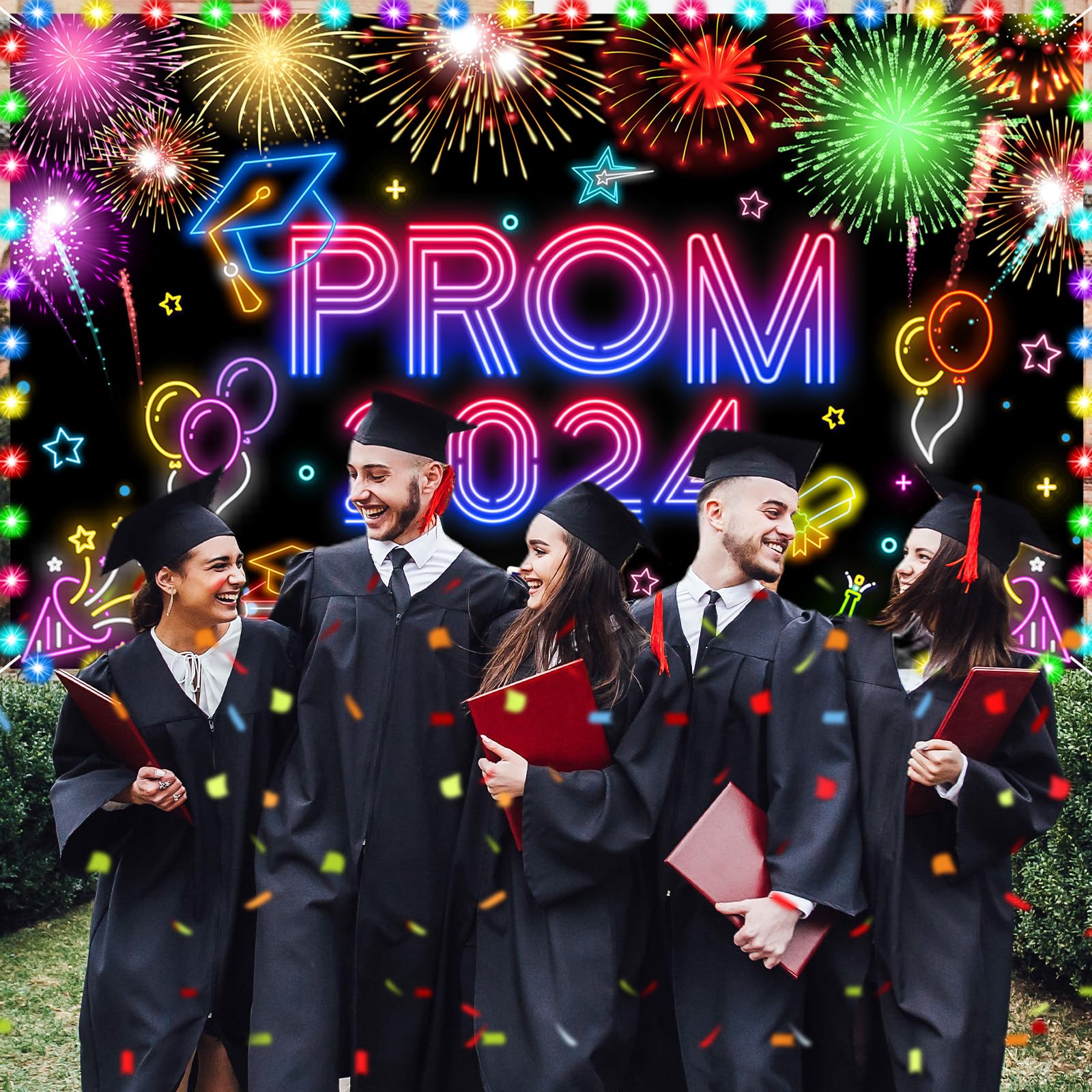 Glow Graduation Party Decorations Banner, Neon Prom 2024 Congrats Grad Banner Backdrop Photo Background with LED light for Class of 2024 Graduation Party Supplies Decor High School College Outdoor Indoor