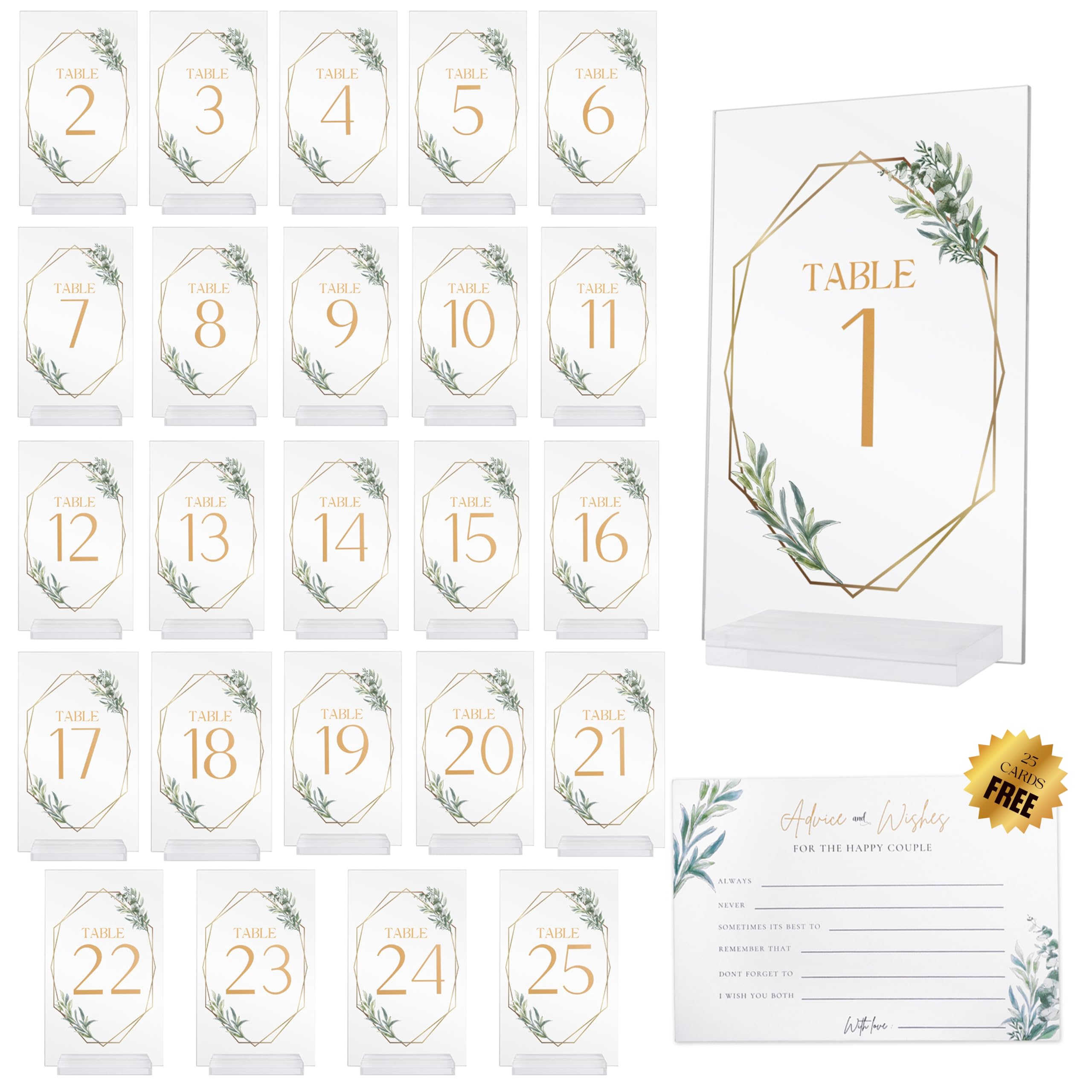 1 Set 1-25 of Elegant Clear Table Numbers, Wedding Table Numbers with A Gift Of 25 Advice and Wishes Cards for the New Mr and Mrs, Wedding Signs, Acrylic Table Numbers for Wedding, Geometric Design