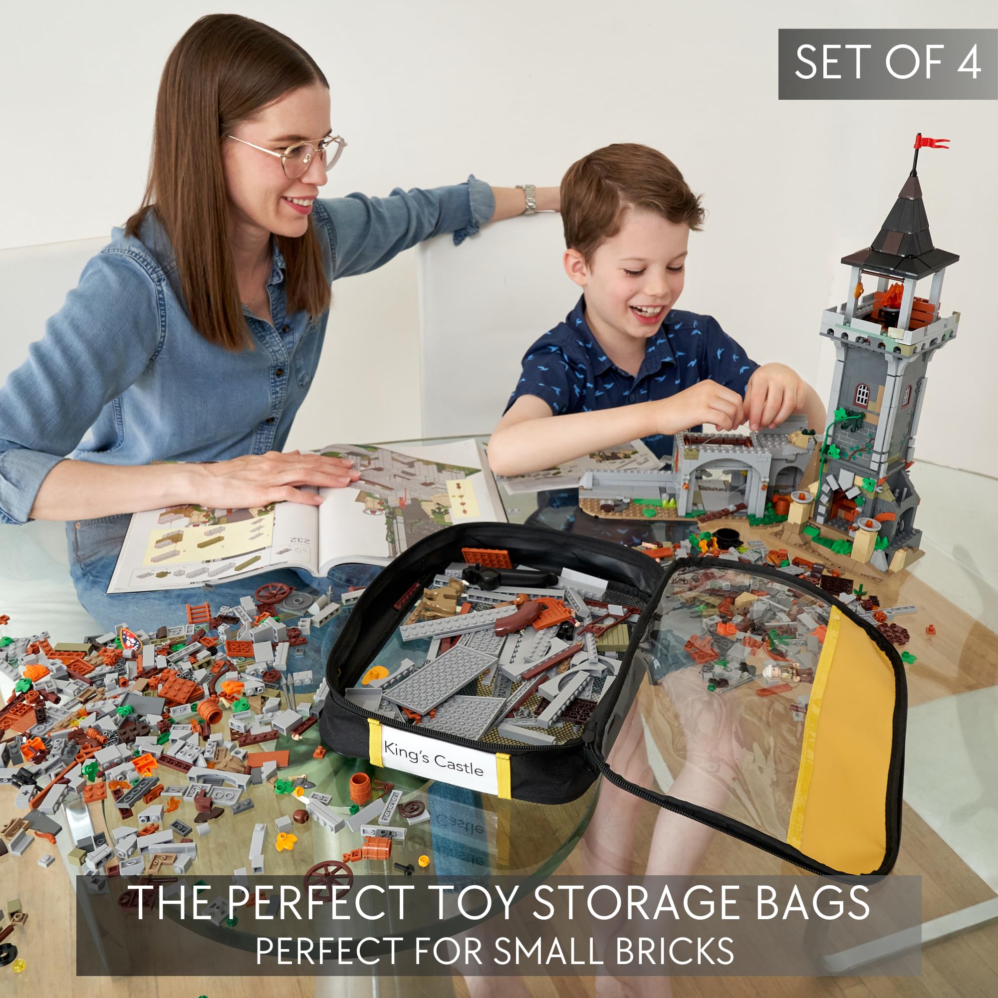 KIBAGA Premium Toy Storage Bags Compatible with LEGO Bricks - Set of 4 Bags With Labels, Handles & Pockets For Easy Organizing - Quality Bliss Bins for Keeping Puzzles & Board Games Stored with Ease