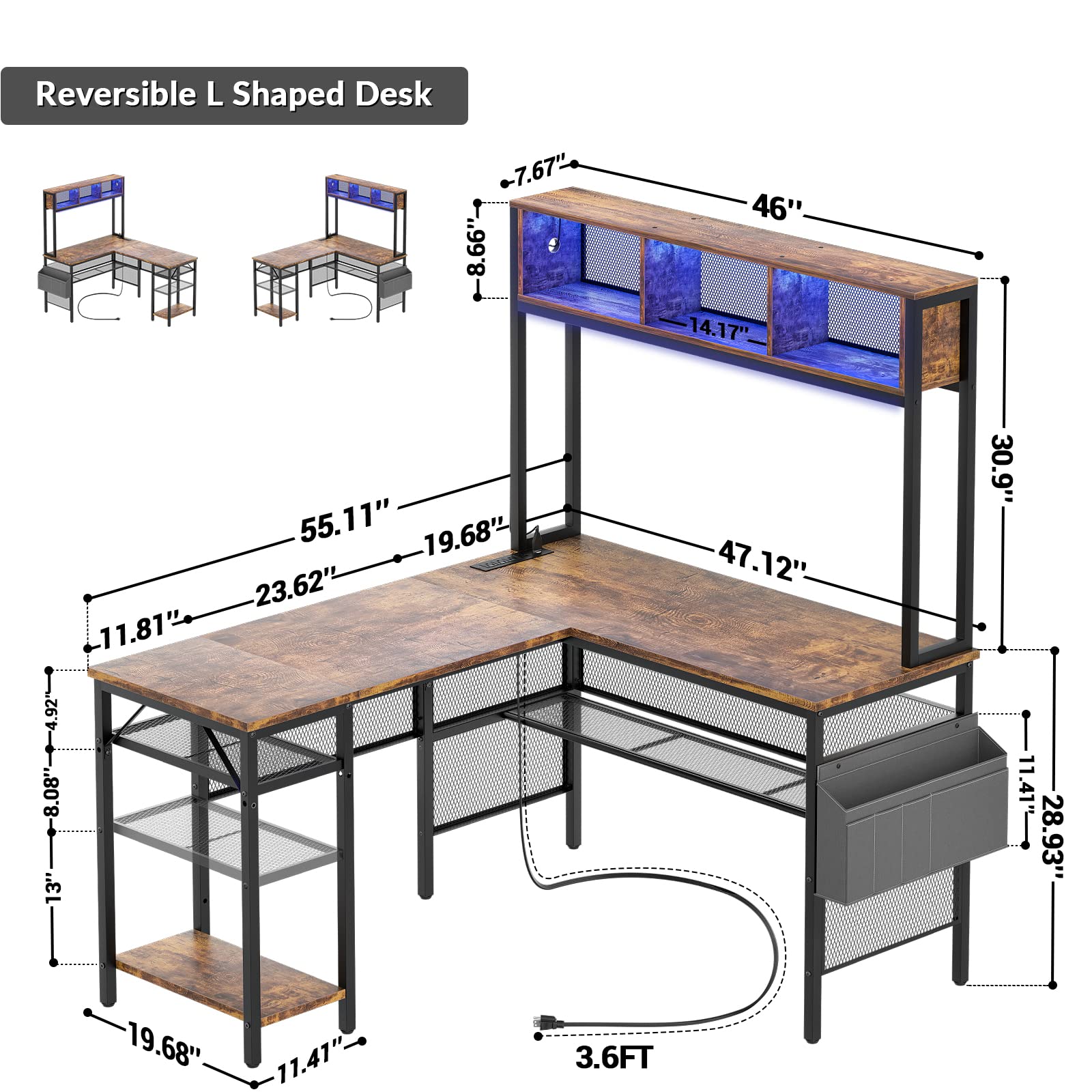 Aheaplus L Shaped Gaming Desk with LED Lights & Power Outlets, 55 Inch L-Shaped Computer Desk with Storage Shelf & Monitor Stand, Corner Desks 2 Person Reversible Desk Home Office Desk, Rustic Brown