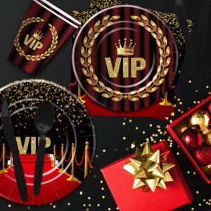 Xenorik VIP Party Decorations Tableware - Movie Star Red Carpet Birthday Party Supplies, Plate, Cup, Napkin, Tablecloth, Cutlery, Film Show VIP Pass Red Carpet Activity Prom Party Supplies | Serve 24