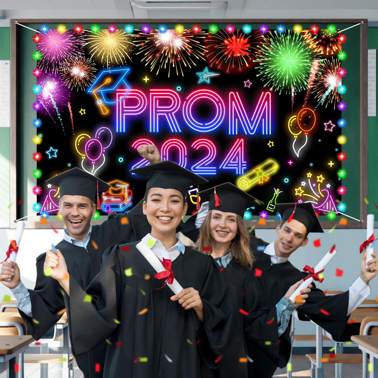 Glow Graduation Party Decorations Banner, Neon Prom 2024 Congrats Grad Banner Backdrop Photo Background with LED light for Class of 2024 Graduation Party Supplies Decor High School College Outdoor Indoor