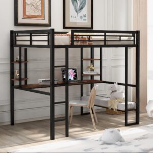 harper & bright designs metal full size loft bed frame, loft bed full with long desk and shelves, space saving full loft bed with desk underneath for kids,teens,girls,boys,black