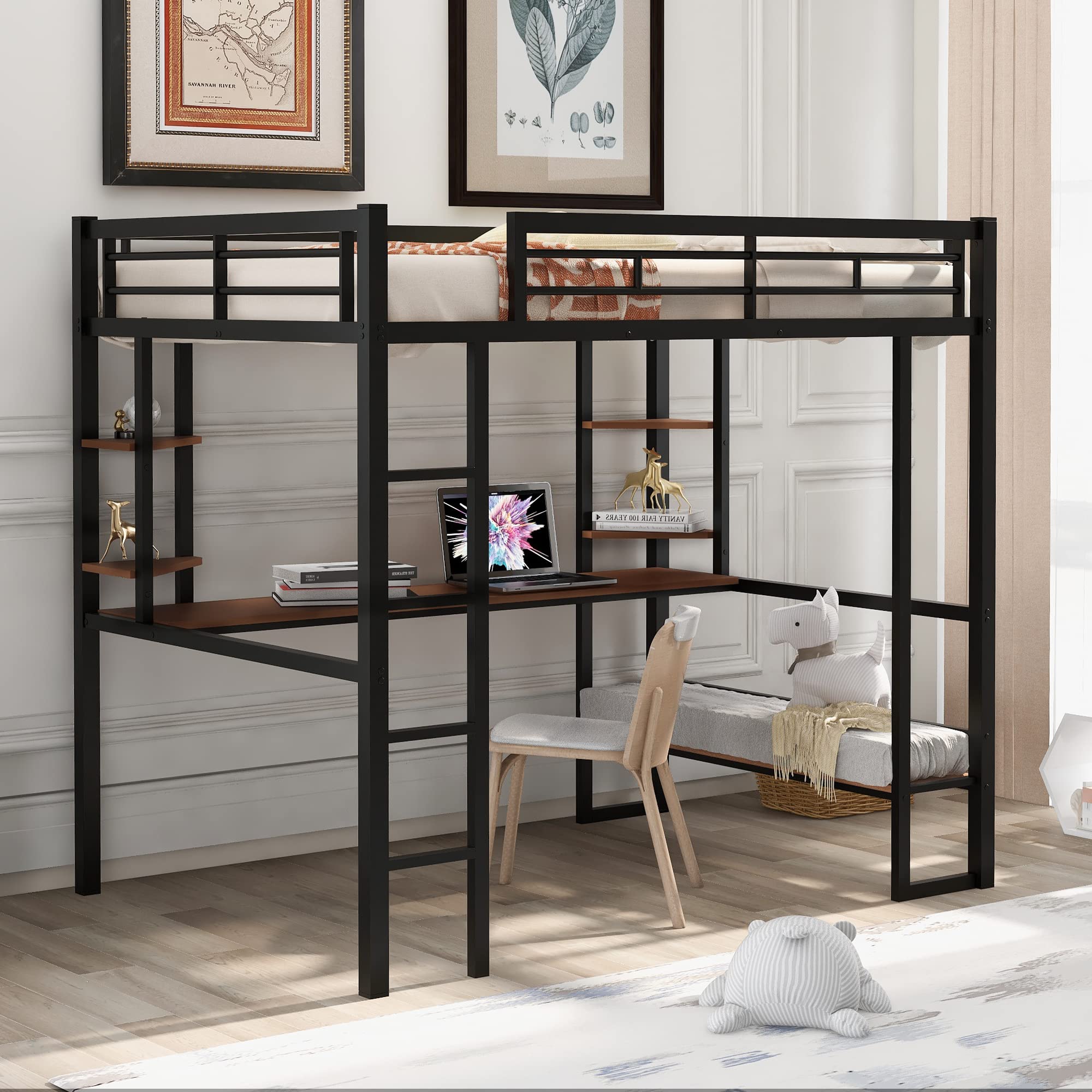 Harper & Bright Designs Metal Full Size Loft Bed Frame, Loft Bed Full with Long Desk and Shelves, Space Saving Full Loft Bed with Desk Underneath for Kids,Teens,Girls,Boys,Black