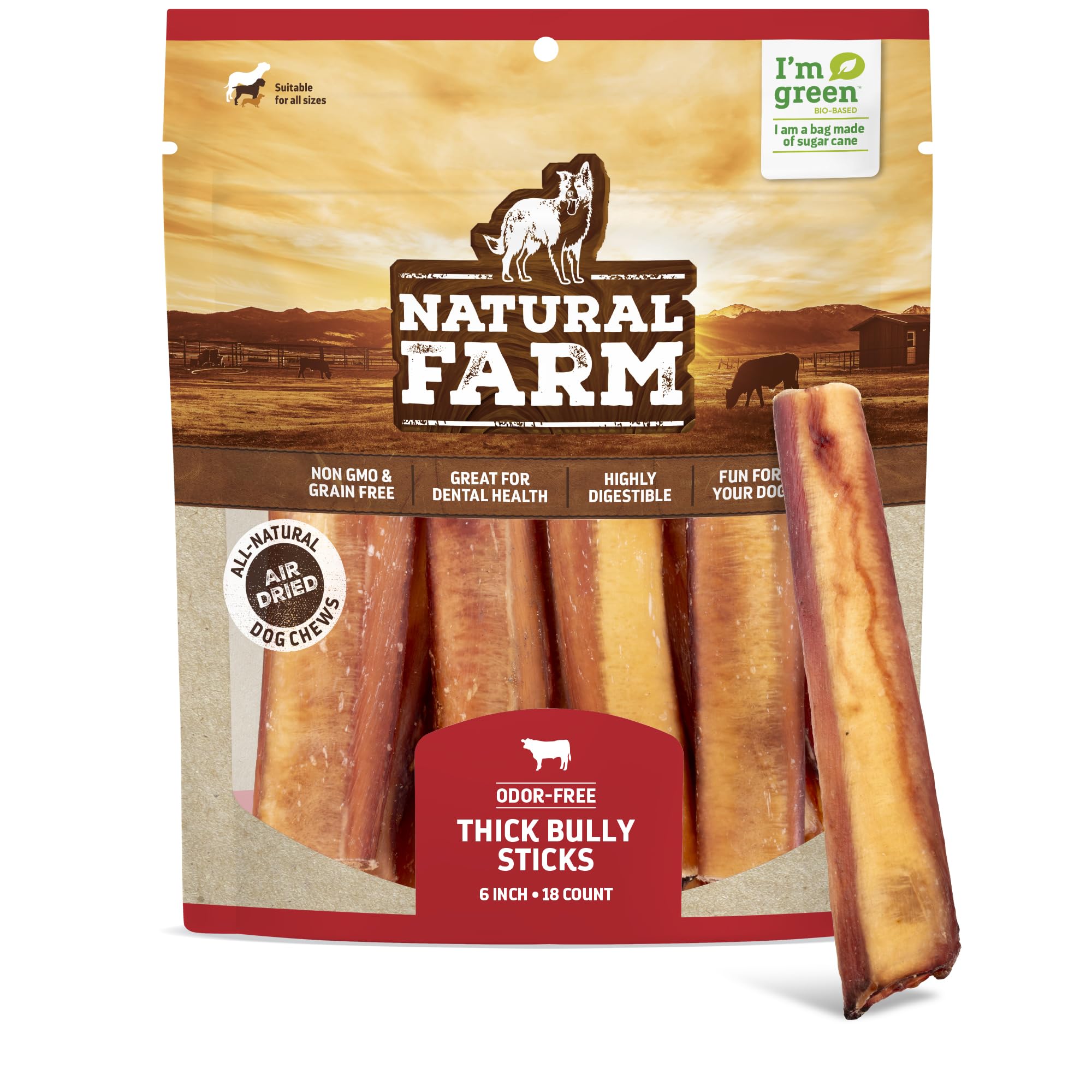 Natural Farm Odor-Free Thick Bully Sticks (6”, 18-pack) ALL-NATURAL Long-Lasting Dog Chews, 100% Beef Pizzle, Grass-Fed, Grain-Free, Protein for Muscle Development & Energy, Perfect For Medium Chewers