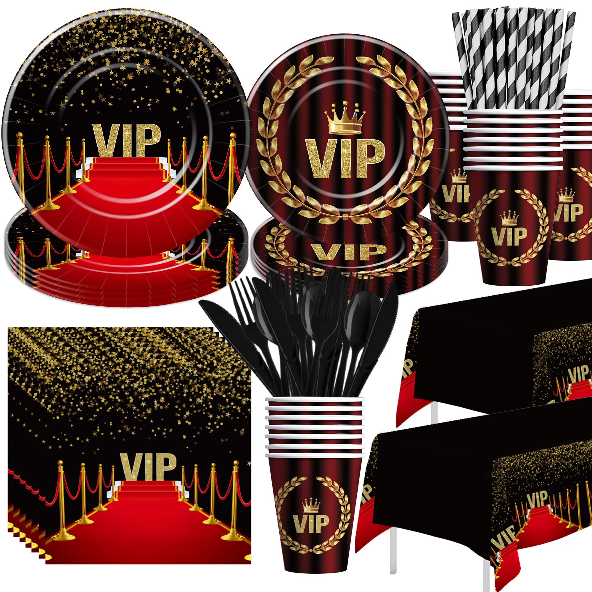 Xenorik VIP Party Decorations Tableware - Movie Star Red Carpet Birthday Party Supplies, Plate, Cup, Napkin, Tablecloth, Cutlery, Film Show VIP Pass Red Carpet Activity Prom Party Supplies | Serve 24