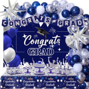 graduation decorations class of 2024, navy blue graduation party decorations 2024 congrats grad banner backdrop, tablecloth, star foil balloons arch, 2024 grad decor for college high school nurse