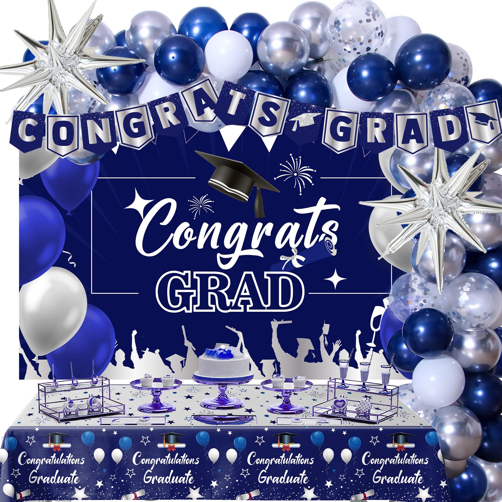 Graduation Decorations Class of 2024, Navy Blue Graduation Party Decorations 2024 Congrats Grad Banner Backdrop, Tablecloth, Star Foil Balloons Arch, 2024 Grad Decor for College High School Nurse