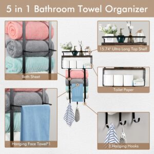 Behaesty Towel Racks for Bathroom, Wall Towel Holder for Rolled Towels with Wooden Shelf & 3 Hooks, Bathroom Towel Storage for Large Towels, Small Towels, Hand Towels, Bath Organizer Decor