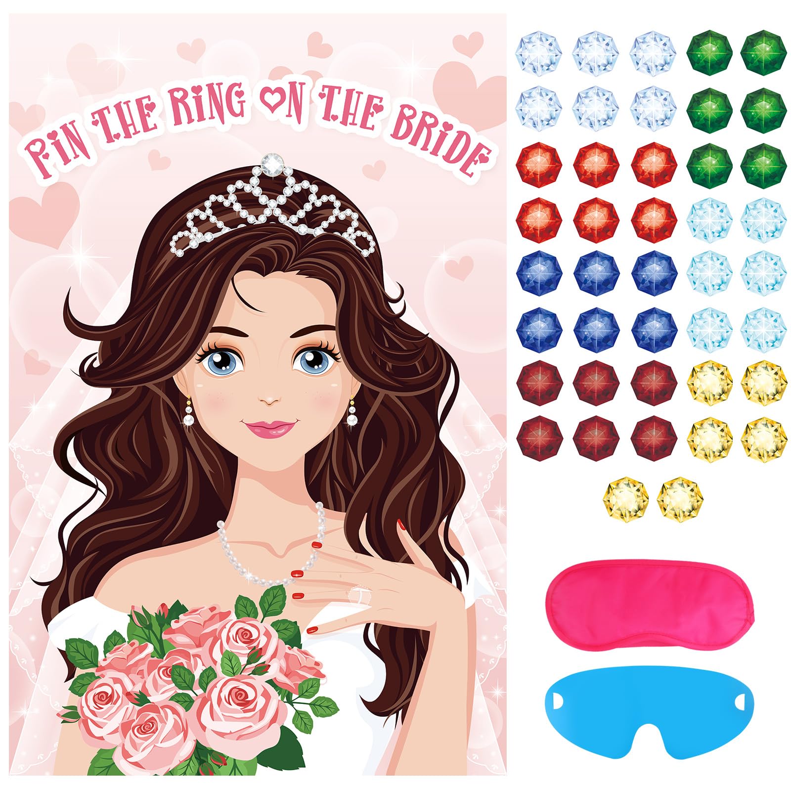 Hooqict Bridal Shower Games Pin The Ring on The Bride for Engagement Wedding Bachelorette Party Decorations, Large Game Poster with 42 Stickers for Bachelorette Party Games Girls Night Party Games