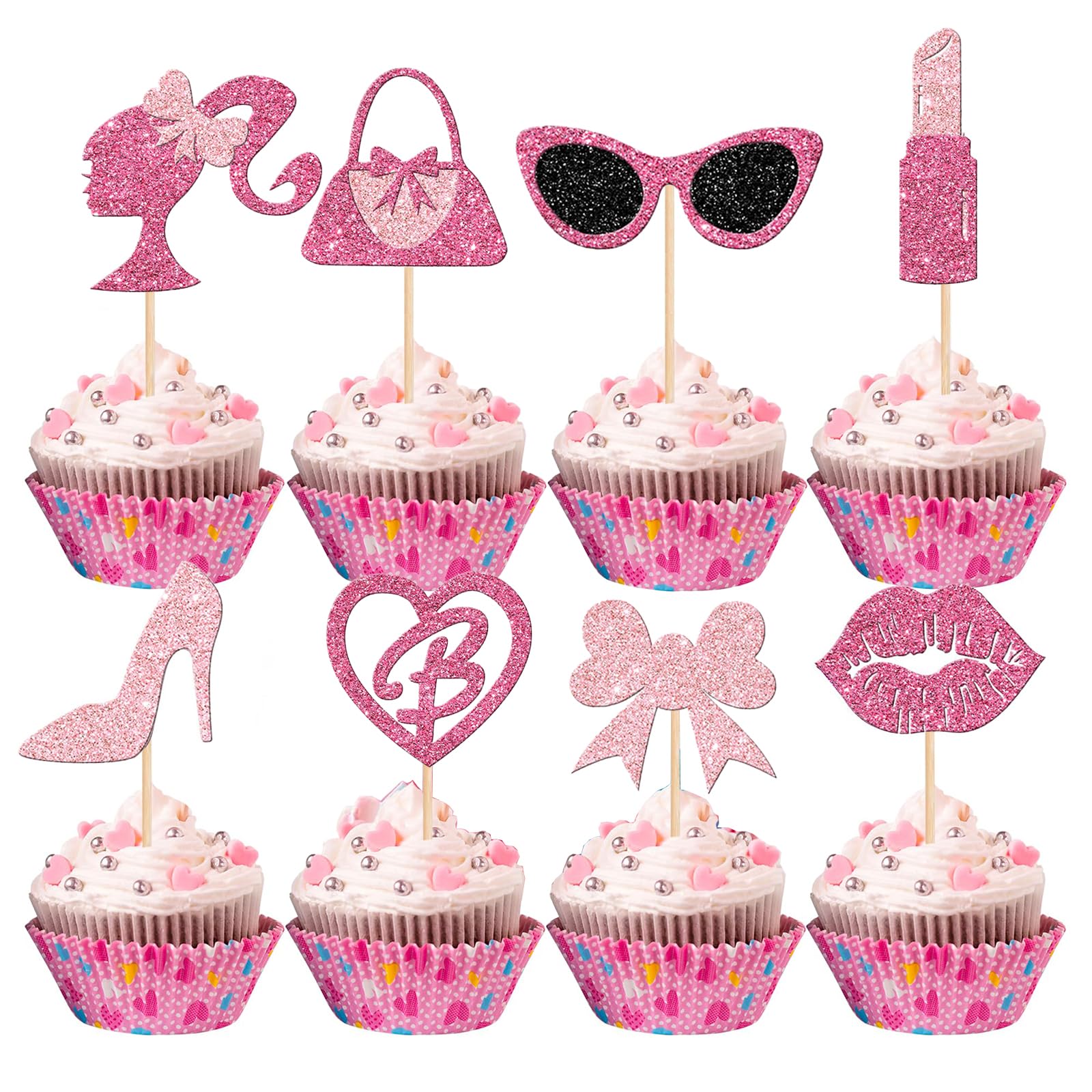 Biendo 32 PCS Glitter Pink Princess Cupcake Toppers Girl Cupcake Picks Handbag Glasses Bow Tie Lipstick High Heel Cake Decorations for Girl Princess Theme Bridal Shower Wedding Birthday Party Supplies