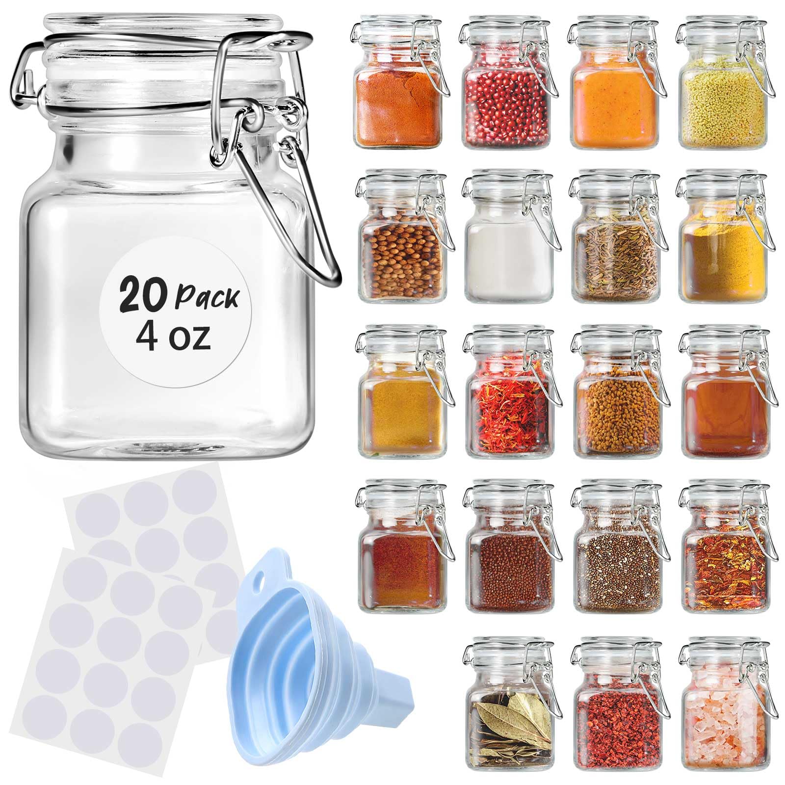 SKOCHE Spice Jars 20 Pack - 4 oz Small Glass Jars with Airtight Hinged Lids, Spice Herb Jars with Labels and Silicone Funnels, 4oz Glass Jars with Lids Ideal for Spice Herbs