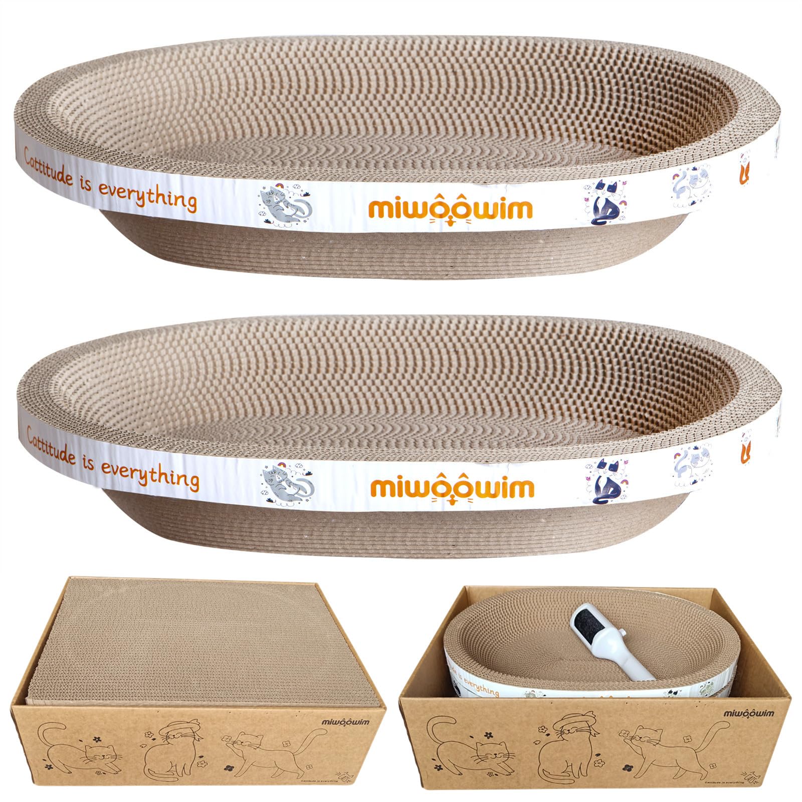 Miwoowim 4PCS 2 Cat Scratcher Bowl +1 Corrugated Scratch Pad with Box+ 1 Brush,Oval Shape Cat Scratcher Cardboard Bed, Cat Scratching Lounge Bed, Cute Round Cat Scratcher