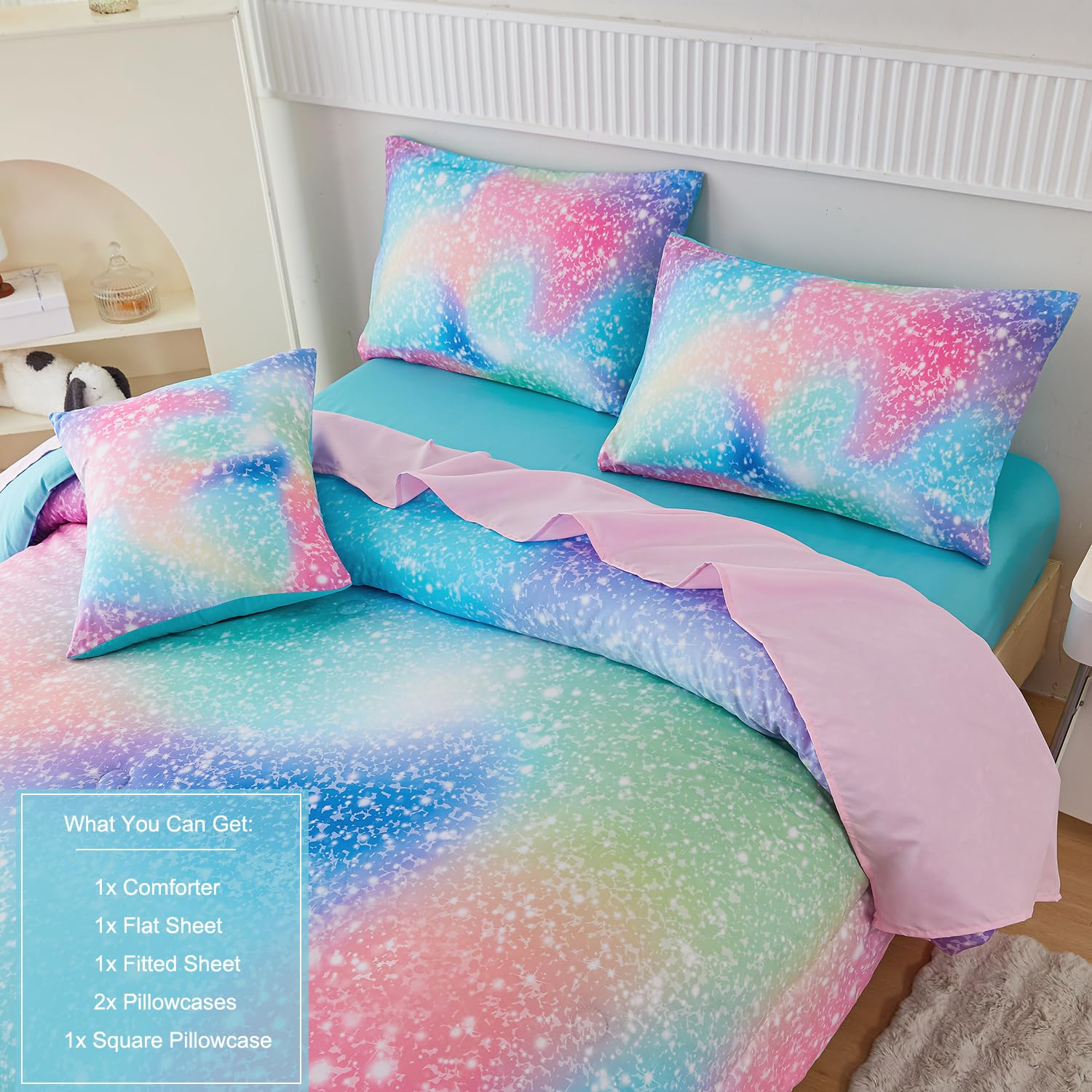 PERFEMET Pink Green Girls Twin Comforter Set, 6 Pieces Colorful Rainbow Kids Bedding Sets, Tie Dye Ombre Glitter Bed in A Bag Comforter Set with Sheets