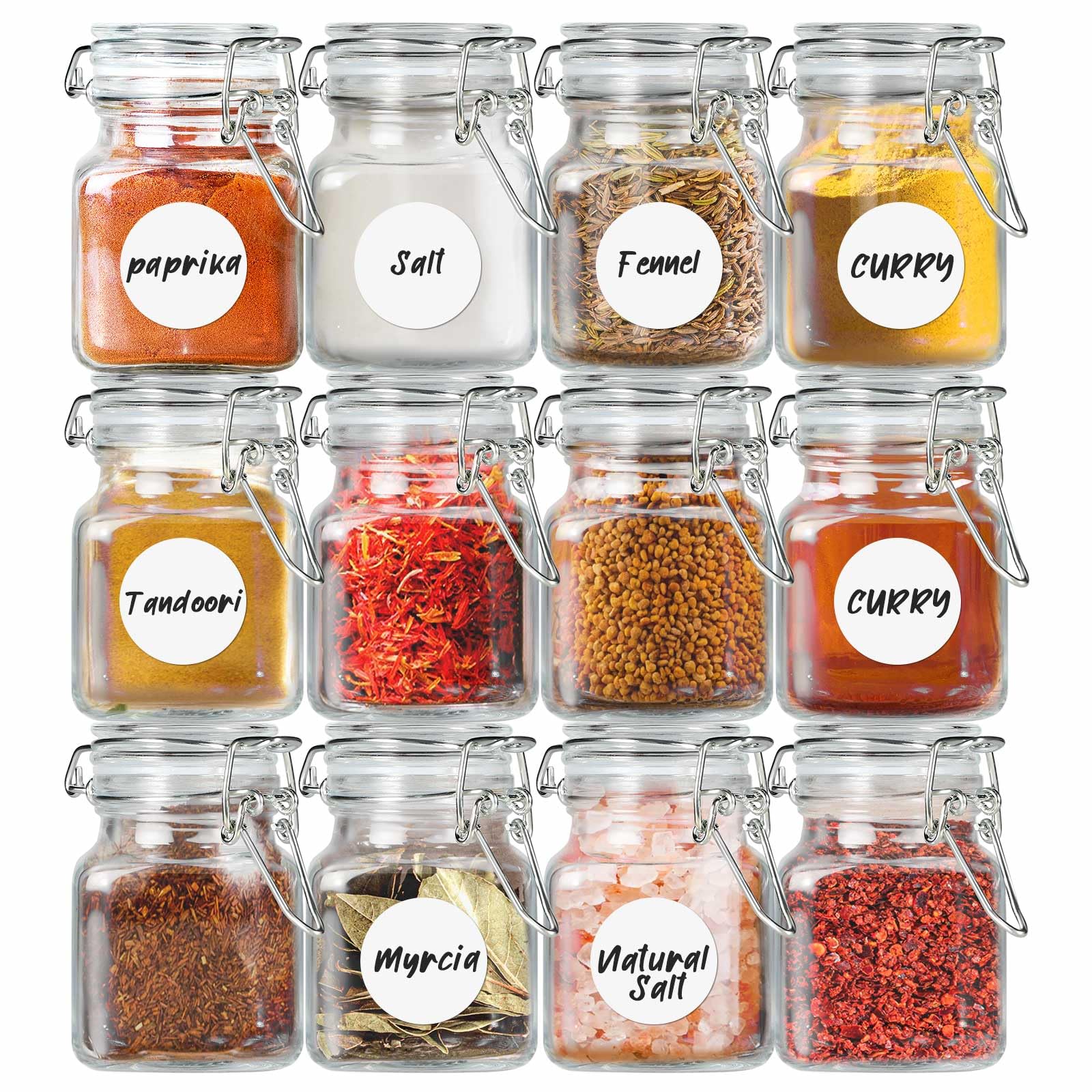 SKOCHE Spice Jars 20 Pack - 4 oz Small Glass Jars with Airtight Hinged Lids, Spice Herb Jars with Labels and Silicone Funnels, 4oz Glass Jars with Lids Ideal for Spice Herbs