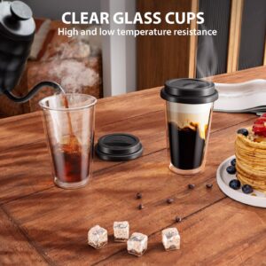 Double Walled Glass Coffee Mugs with Silicone Lids,12 OZ 2 Packs Insulated Drinking Coffee Cups with Lids, Dishwasher Safe Reusable Glass Iced Coffee Cups for Morning Coffee, Hot or Cold Drink