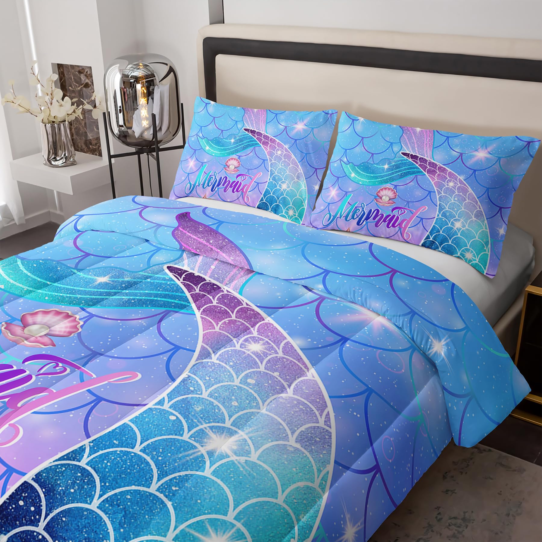 Tuzaovy Mermaid Twin Comforter Set for Girls,Twin Mermaid Bedding Sets for Girls,Mermaid Bed Set Twin for Girls,Rainbow Scales Mermaid Bedding Set,Bule Bedding Comforter Set,Mermaid Quilt Set Twin