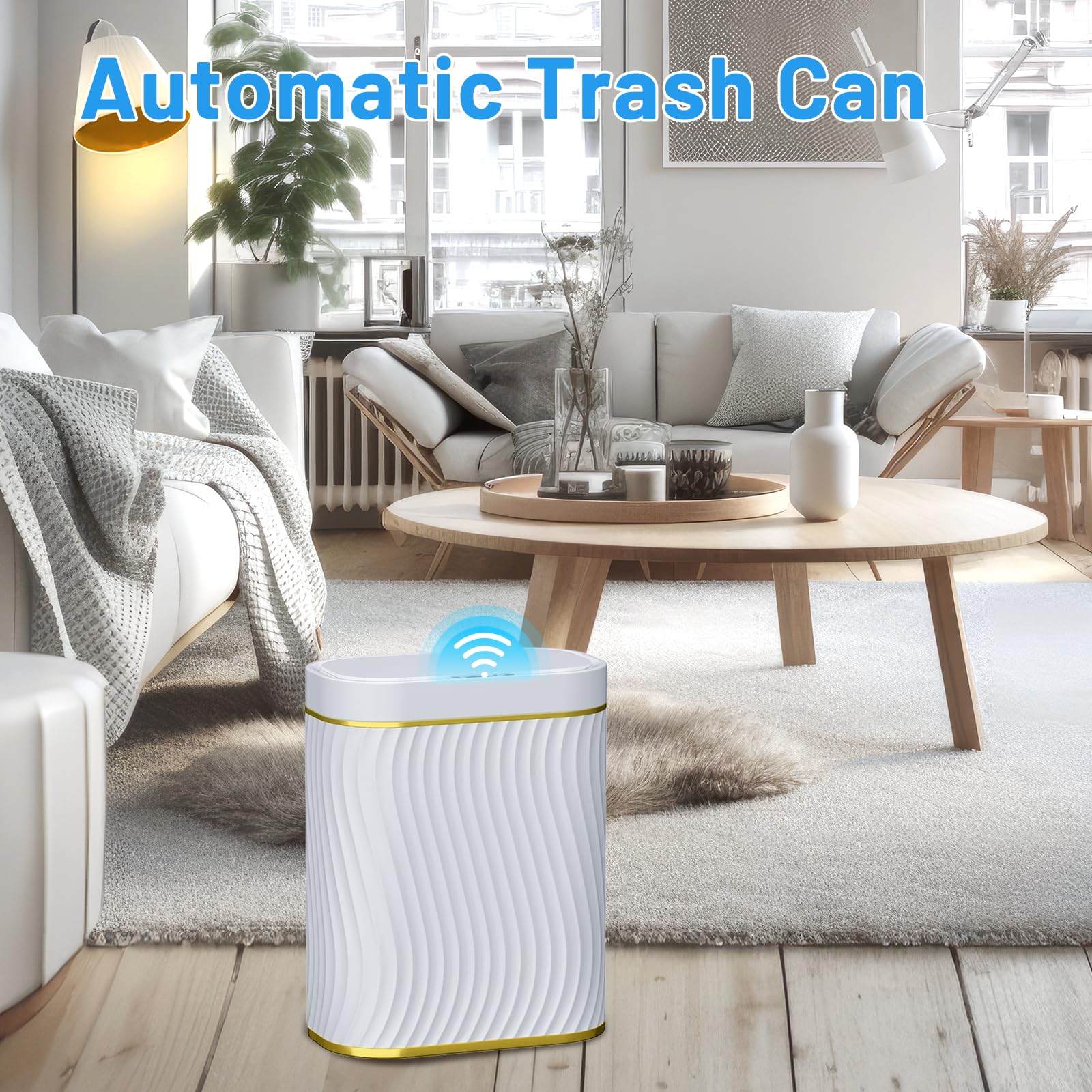 steo spce Bathroom Small Trash Can with Automatic Touchless Lid, 2.6 Gallon Smart Garbage Can Narrow Waterproof Trash Bin for Bedroom, Office, Living Room-Glod White