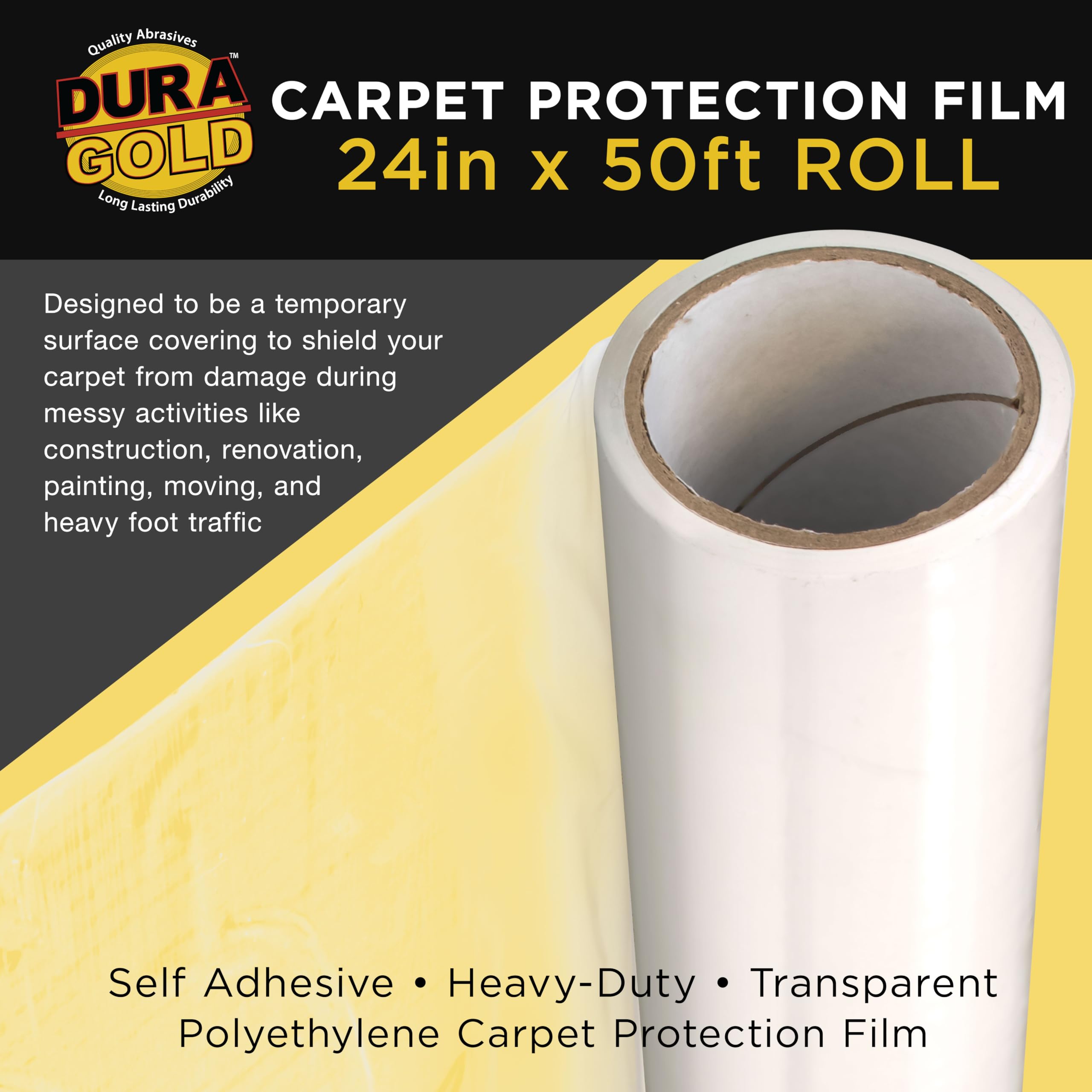 Dura-Gold Carpet Protection Film, 24-inch x 50' Roll - Clear Self Adhesive Temporary Carpet Protective Covering Tape - Protect Against Foot Traffic, Paint Spills, Dust, Construction Debris, Moving