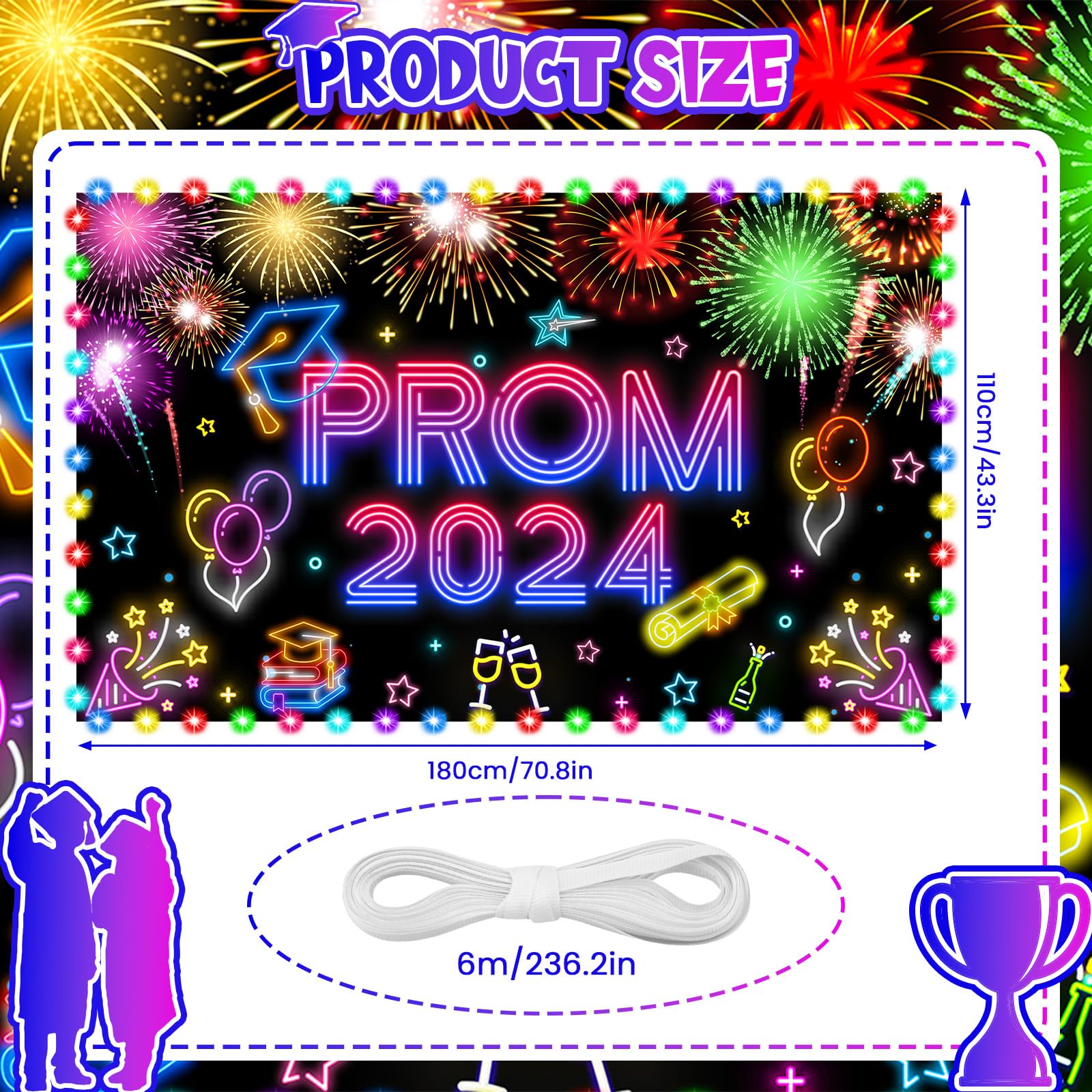 Glow Graduation Party Decorations Banner, Neon Prom 2024 Congrats Grad Banner Backdrop Photo Background with LED light for Class of 2024 Graduation Party Supplies Decor High School College Outdoor Indoor