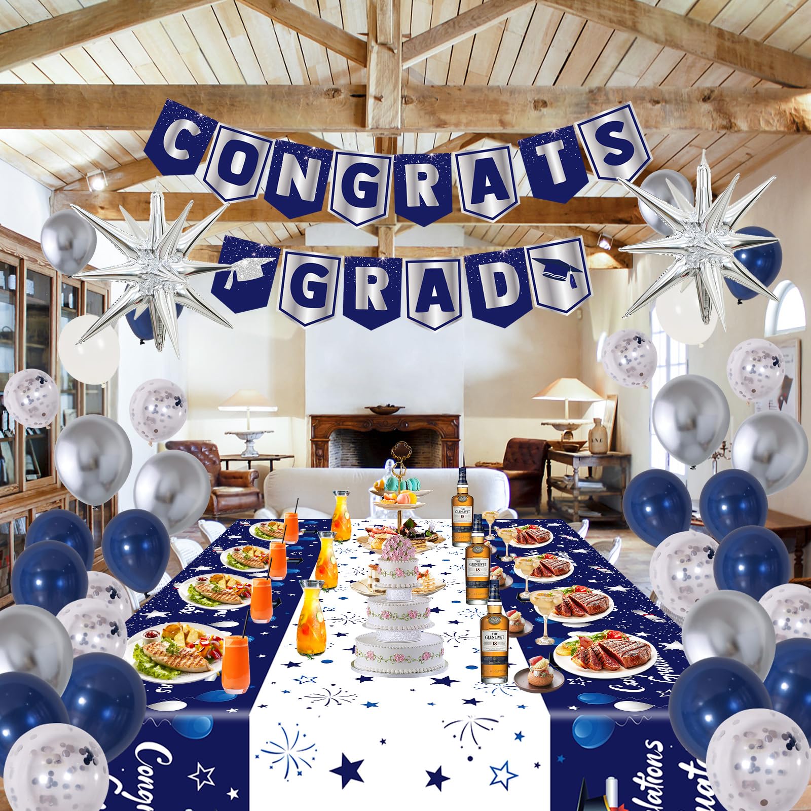 Graduation Decorations Class of 2024, Navy Blue Graduation Party Decorations 2024 Congrats Grad Banner Backdrop, Tablecloth, Star Foil Balloons Arch, 2024 Grad Decor for College High School Nurse