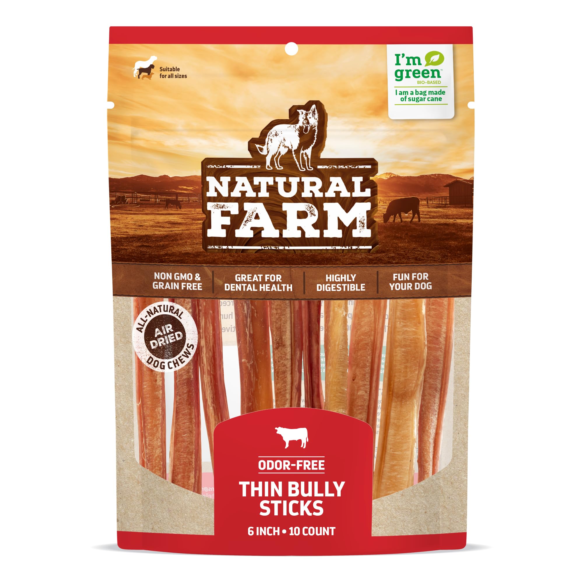 Natural Farm Odor-Free Thin Bully Sticks (6”, 10-Pack) All-Natural Long-Lasting Dog Chews, 100% Beef Pizzle, Grass-Fed, Grain-Free, Protein for Muscle Development & Energy, Perfect for Medium Chewers