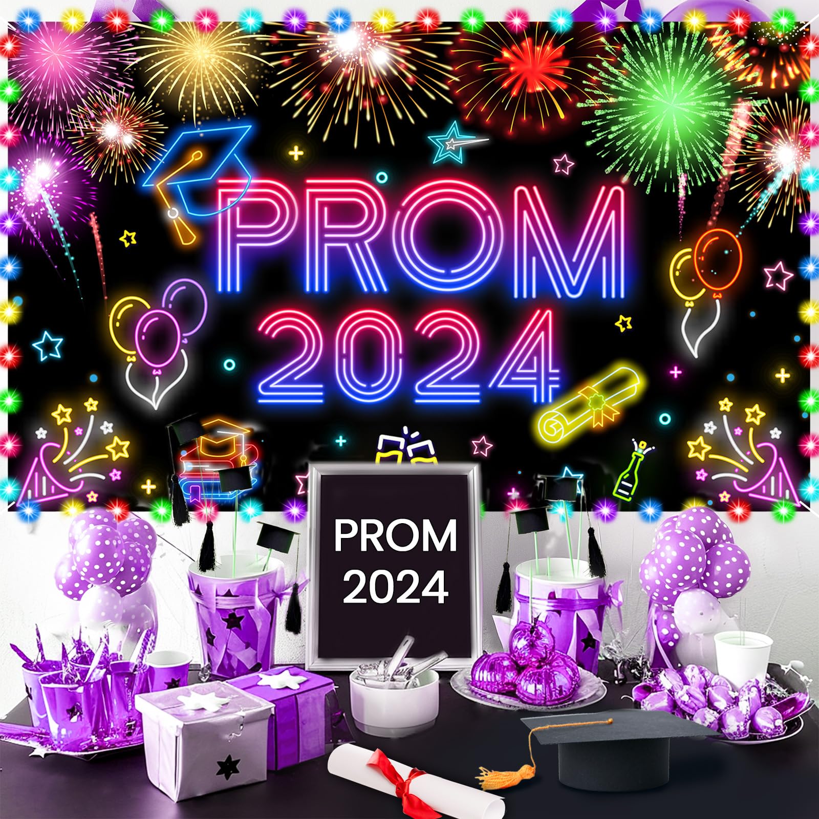 Glow Graduation Party Decorations Banner, Neon Prom 2024 Congrats Grad Banner Backdrop Photo Background with LED light for Class of 2024 Graduation Party Supplies Decor High School College Outdoor Indoor