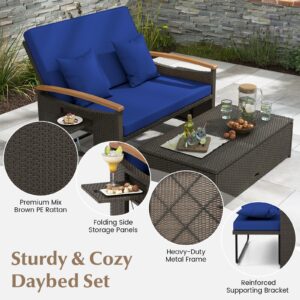 HAPPYGRILL Outdoor Wicker Sofa Daybed, Rattan Loveseat with Folding Panels & Storage Ottoman, 4-Level Adjustable Backrest, Cozy Cushions Included, Sun Lounger Daybed for Backyard Porch, (Navy)