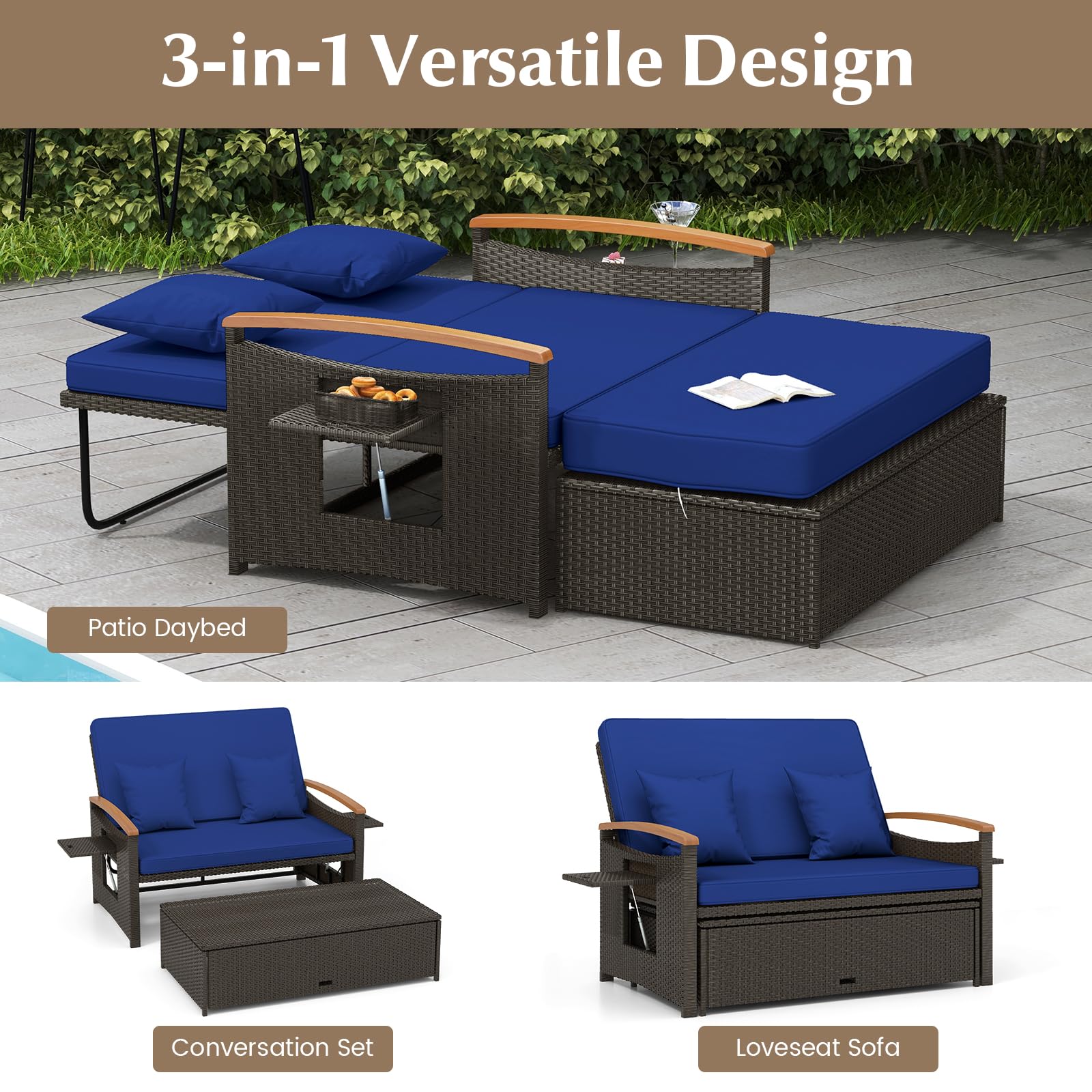 HAPPYGRILL Outdoor Wicker Sofa Daybed, Rattan Loveseat with Folding Panels & Storage Ottoman, 4-Level Adjustable Backrest, Cozy Cushions Included, Sun Lounger Daybed for Backyard Porch, (Navy)