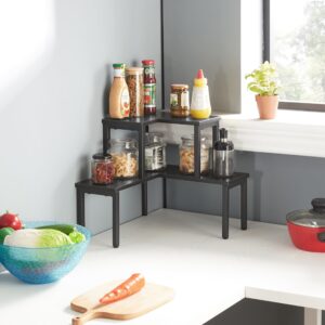 JOIN IRON Kitchen Countertop Organizer Corner Shelf, 2 Tier Shelf Moveable Corner Shelf Organizer, Space Saving Makeup Organizer Spice Rack Corner Plant Shelf (Black)