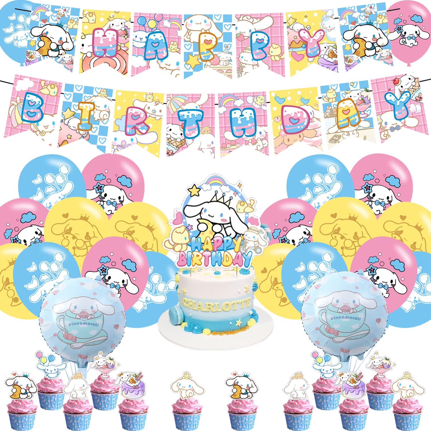 Cartoon Dog Birthday Party Decoration, Dog Include Kawaii Cartoon Theme Birthday Banner, Cake Topper, Latex Balloons, Foil Ballons for Kids Birthday Party Supplies, Baby Shower