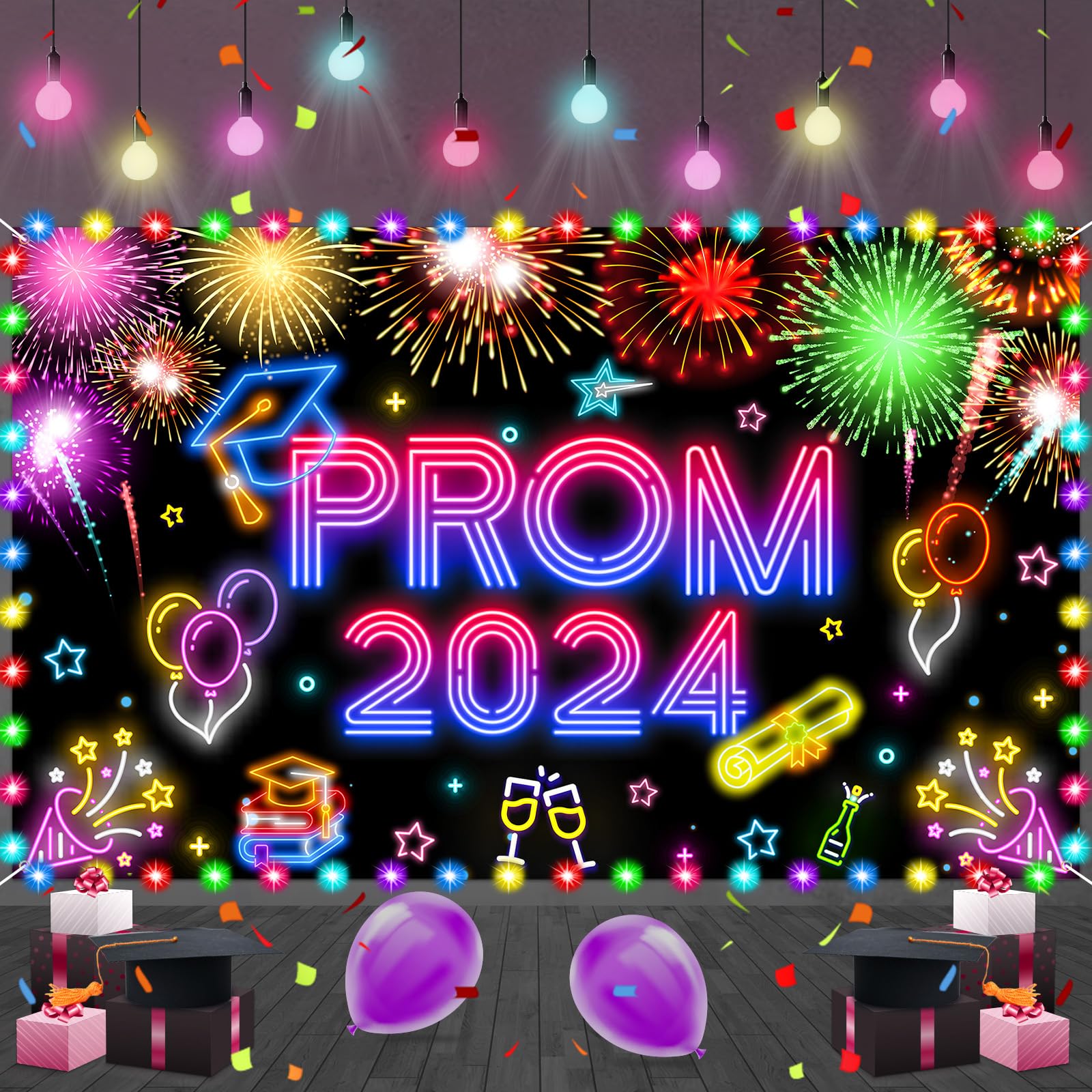 Glow Graduation Party Decorations Banner, Neon Prom 2024 Congrats Grad Banner Backdrop Photo Background with LED light for Class of 2024 Graduation Party Supplies Decor High School College Outdoor Indoor