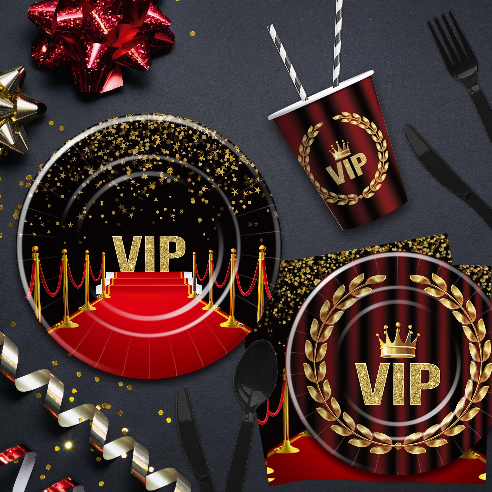 Xenorik VIP Party Decorations Tableware - Movie Star Red Carpet Birthday Party Supplies, Plate, Cup, Napkin, Tablecloth, Cutlery, Film Show VIP Pass Red Carpet Activity Prom Party Supplies | Serve 24