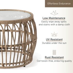 Muse & Lounge Co. Ysar Boho Rattan Round Coffee Table Outdoor with 5mm Tempered Glass Top, All-Weather and Rust Resistant Patio Furniture