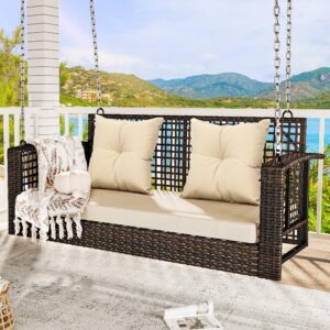 yitahome porch swing hanging bench swing outdoor wicker patio swing lounge front rattan swing w/ 2 back cushions capacity 530lbs for garden, balcony, brown rattan beige cushion