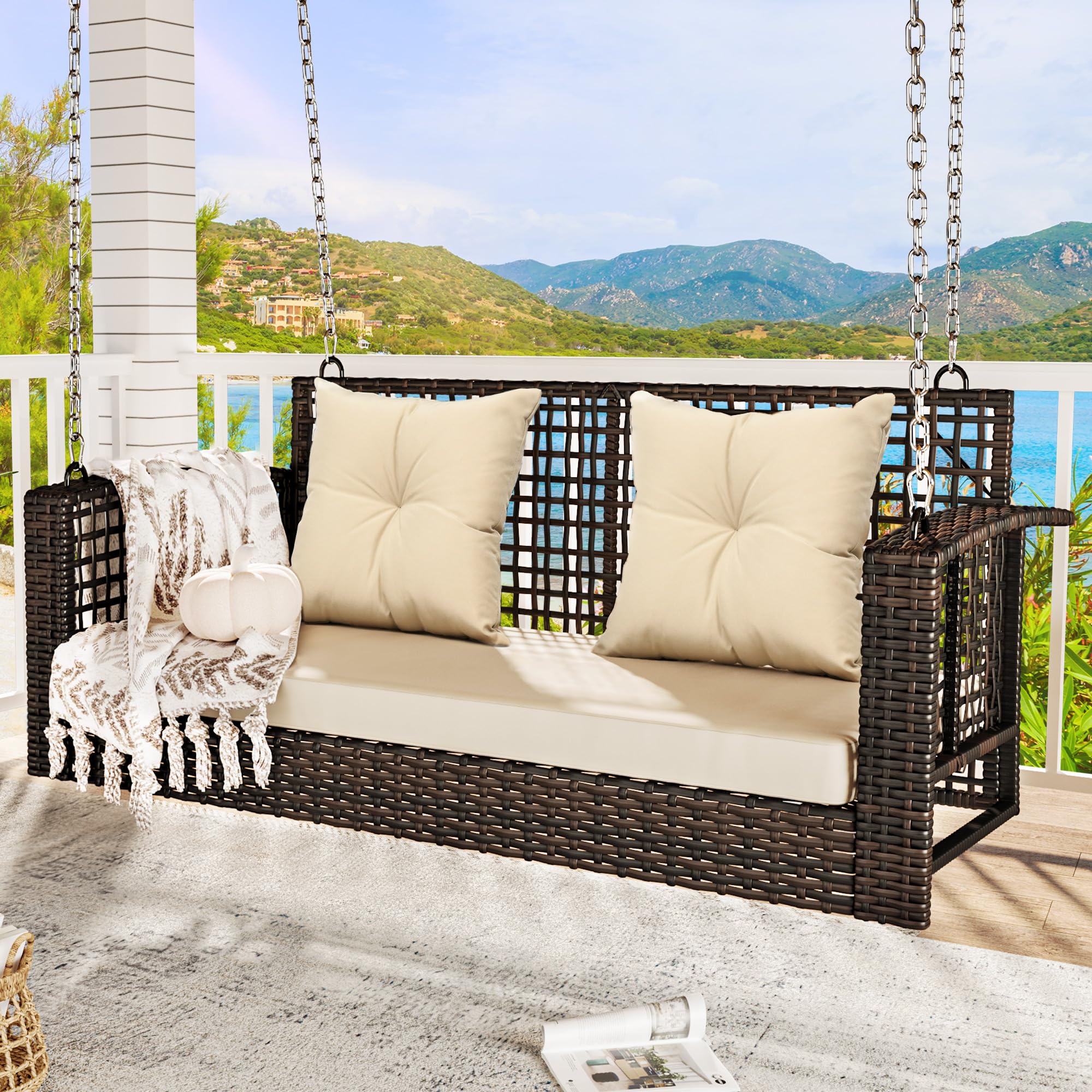 YITAHOME Porch Swing Hanging Bench Swing Outdoor Wicker Patio Swing Lounge Front Rattan Swing w/ 2 Back Cushions Capacity 530lbs for Garden, Balcony, Brown Rattan Beige Cushion