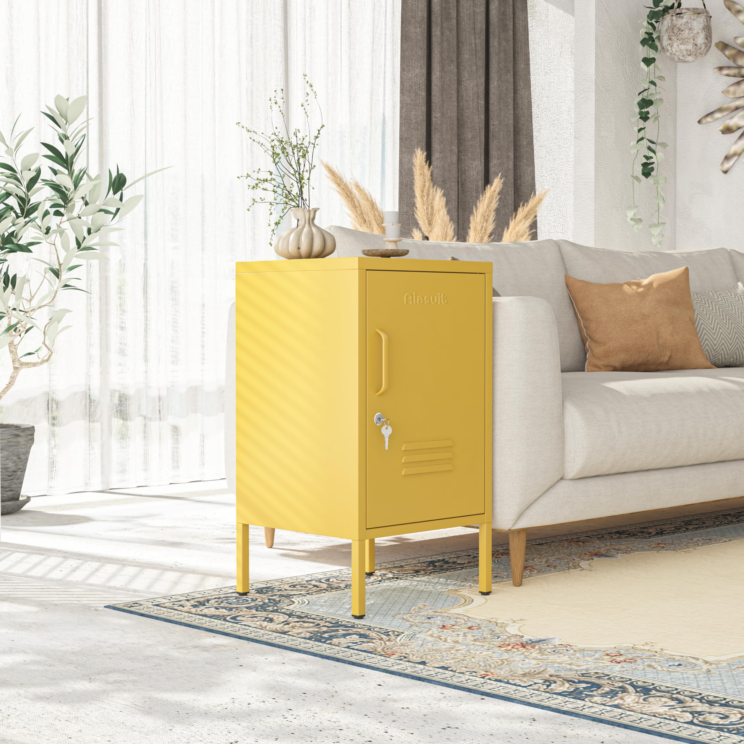 Aiasuit 2 Tiers Night Table Minimalist Style Tea Table Safe Lockable Coffee Table Metal Locker Bedside Cabinet Children's Bedside Cabinet Yellow Size: 27.55”H X 13.78”W X 14.96”D