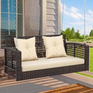 YITAHOME Porch Swing Hanging Bench Swing Outdoor Wicker Patio Swing Lounge Front Rattan Swing w/ 2 Back Cushions Capacity 530lbs for Garden, Balcony, Brown Rattan Beige Cushion