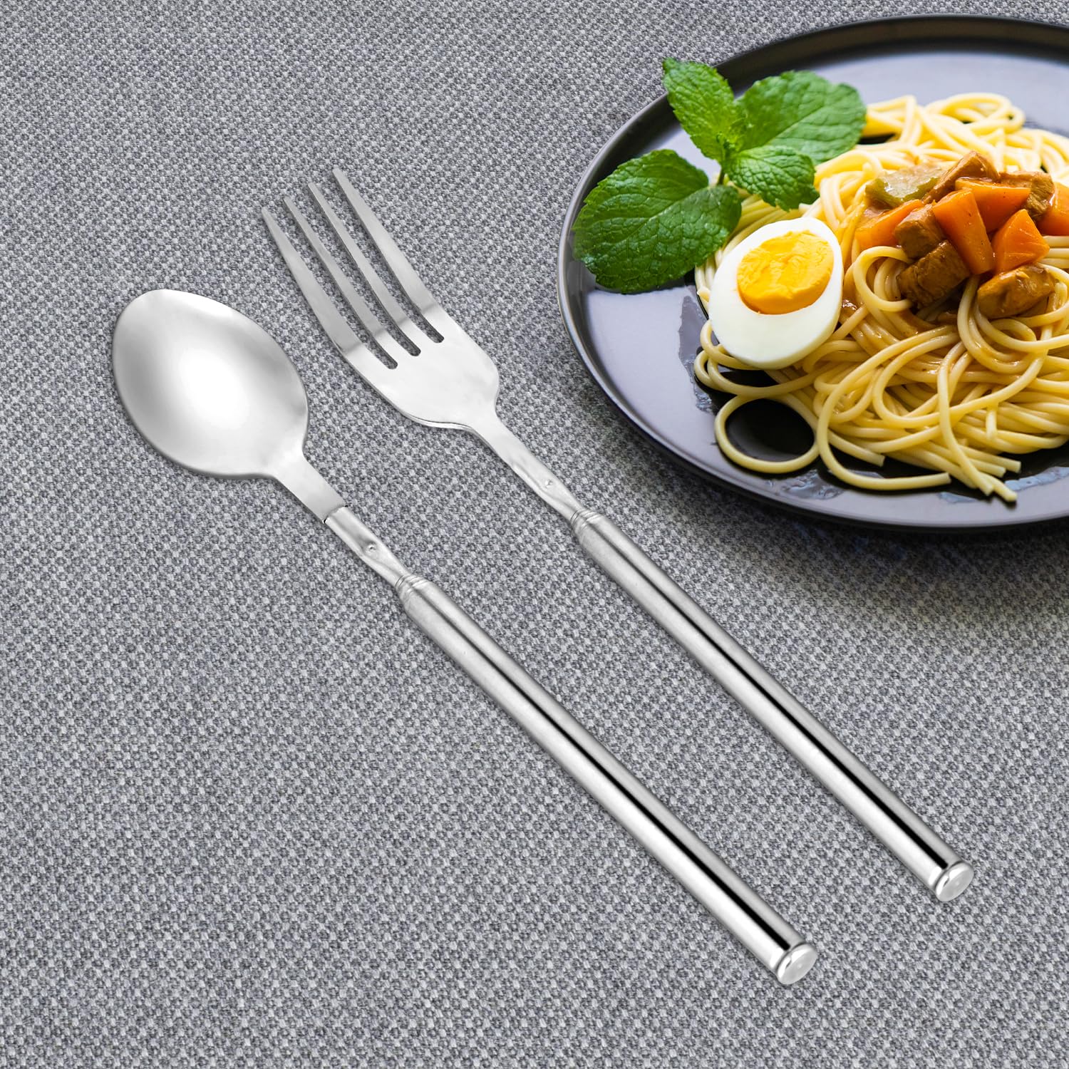 Extendable fork Spoon, Telescopic Fork and Spoon Set Stainless Steel Long Fork Extender Dinner Retractable Spoons Expandable Extension Fork Spoon Extends to 25.2" Tableware for BBQ Fruit