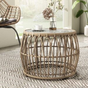 Muse & Lounge Co. Ysar Boho Rattan Round Coffee Table Outdoor with 5mm Tempered Glass Top, All-Weather and Rust Resistant Patio Furniture