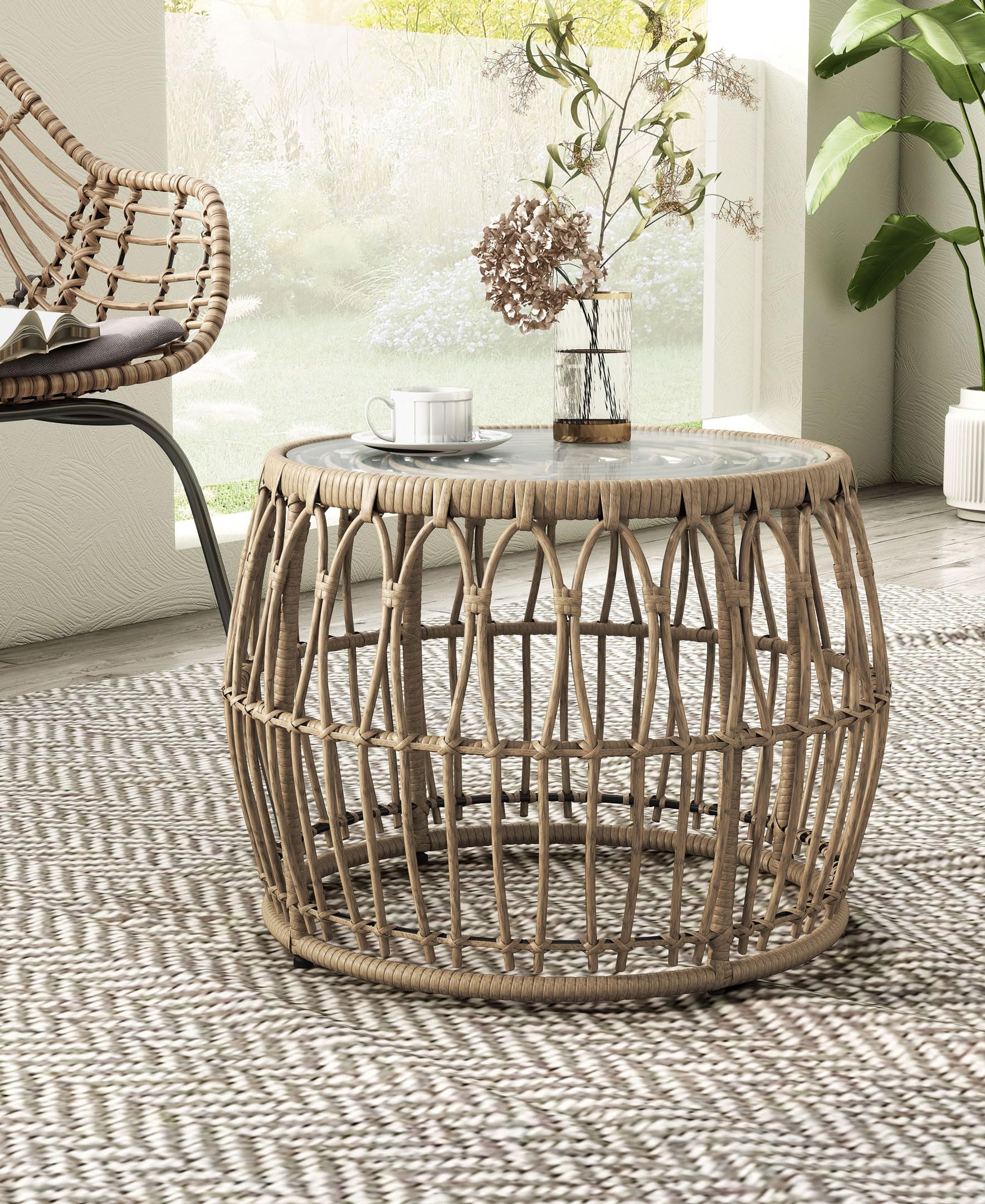 Muse & Lounge Co. Ysar Boho Rattan Round Coffee Table Outdoor with 5mm Tempered Glass Top, All-Weather and Rust Resistant Patio Furniture