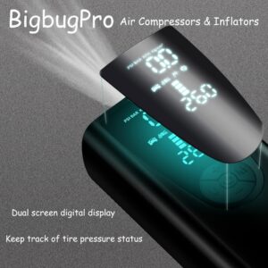 BigbugPro Wireless Portable Tire Air Compressor For Car - Upgrade Multiple Modes 22000mAh Tire Inflator 150 PSI High-Speed Inflation Pump Digital Air Compressor Tire Inflator Emergency Light-Black