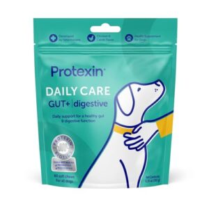 protexin daily care gut+ digestive, 60 probiotic and postbiotic dog supplement chews – chicken and carob flavored