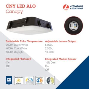 Lithonia Lighting CNY LED ALO SWW2 UVOLT PE PIR DDB M2 Outdoor LED Canopy Light with Adjustable Lumen Output, Switchable Color Temperature 3000K/4000K/5000K, Photocell, and Motion Sensor, Dark Bronze