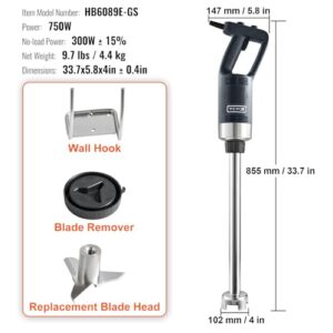 VEVOR Commercial Immersion Blender, 750W 20" Heavy Duty Hand Mixer, Variable Speed Kitchen Stick Mixer with 304 Stainless Steel Blade, Multi-Purpose Portable Mixer for Soup, Smoothie, Puree, Baby Food