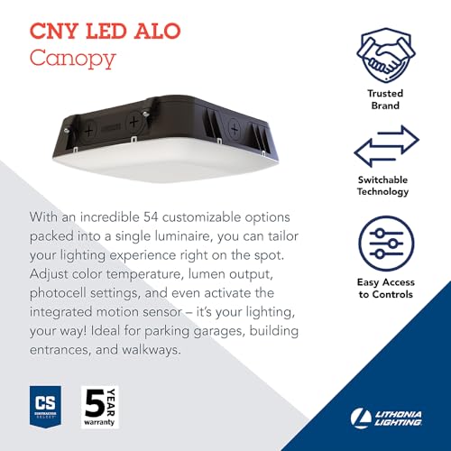 Lithonia Lighting CNY LED ALO SWW2 UVOLT PE PIR DDB M2 Outdoor LED Canopy Light with Adjustable Lumen Output, Switchable Color Temperature 3000K/4000K/5000K, Photocell, and Motion Sensor, Dark Bronze