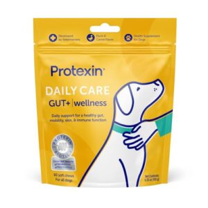 protexin daily care gut+ wellness, 60 probiotic and postbiotic dog supplement chews – duck and carrot flavored