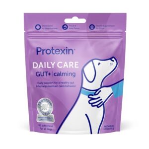 protexin daily care gut+ calming, 60 postbiotic dog supplement chews – trout and kale flavored