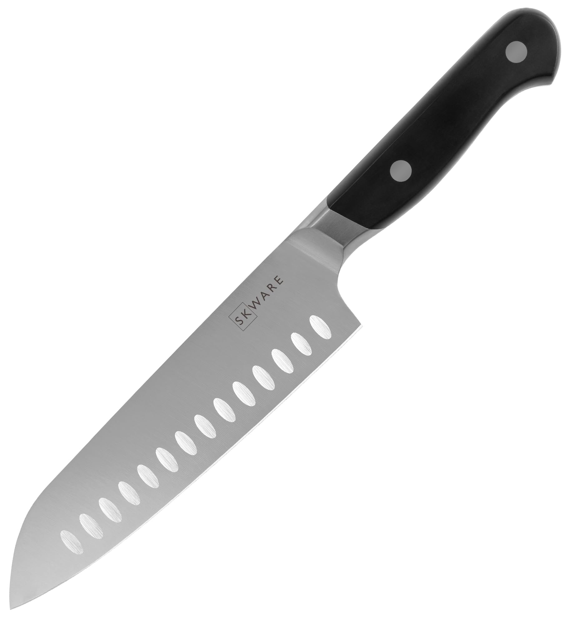 SKWARE 7" Chef Knife - Razor Sharp German Stainless Steel - Japanese Santoku Knife for Dicing, Slicing, Chopping of Meat, Fruit, Vegetables - Black